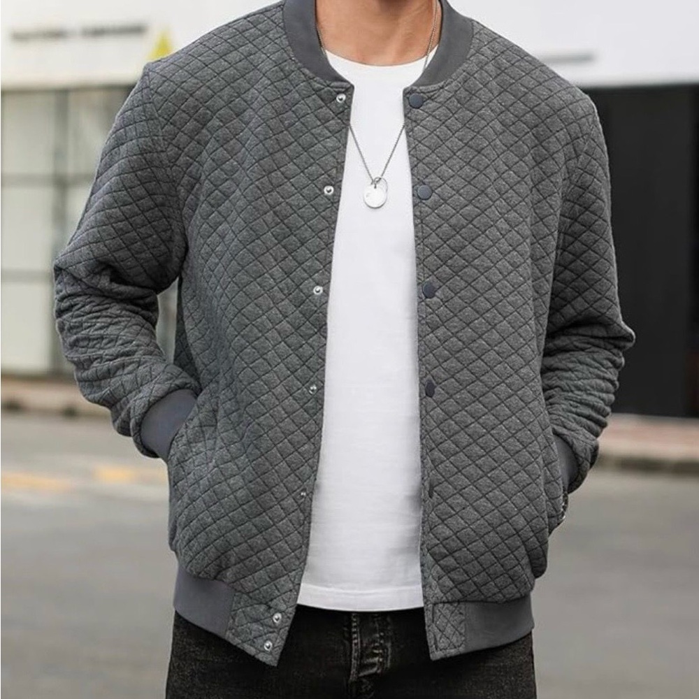 Men’s Gray Quilted Bomber Jacket Size XXXL Diamond Quilt Snap Front Streetwear
